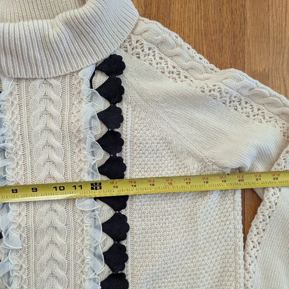 J. Crew Wool Embellished Cable Knit Turtleneck Sweater W/ Lace Detailing Ivory S - Picture 5 of 10